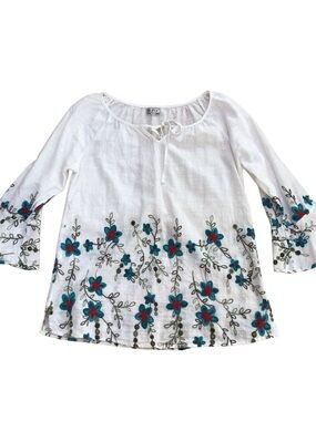 Profile White Floral Gauzy Embroidered Peasant Tunic Blouse‎ Bell Sleeves Boho S